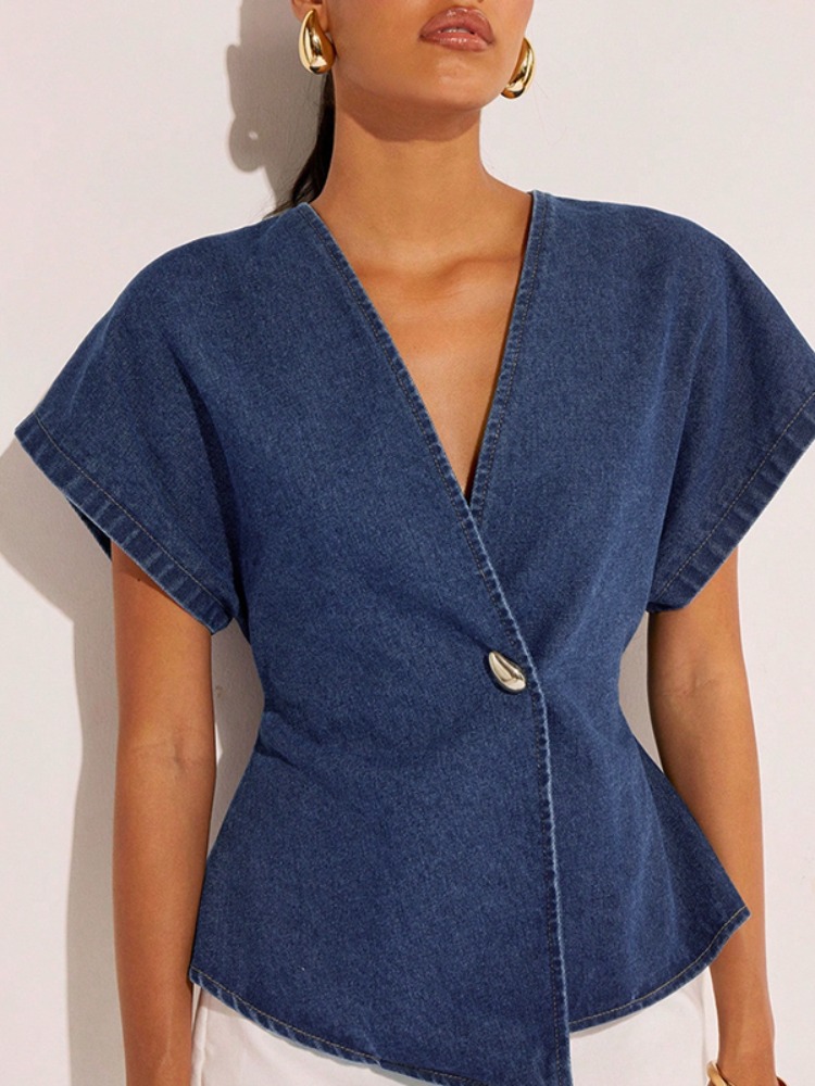 2026Women Dark Blue Denim Blou - مراجعة Summer Clothing Wraps وسعره