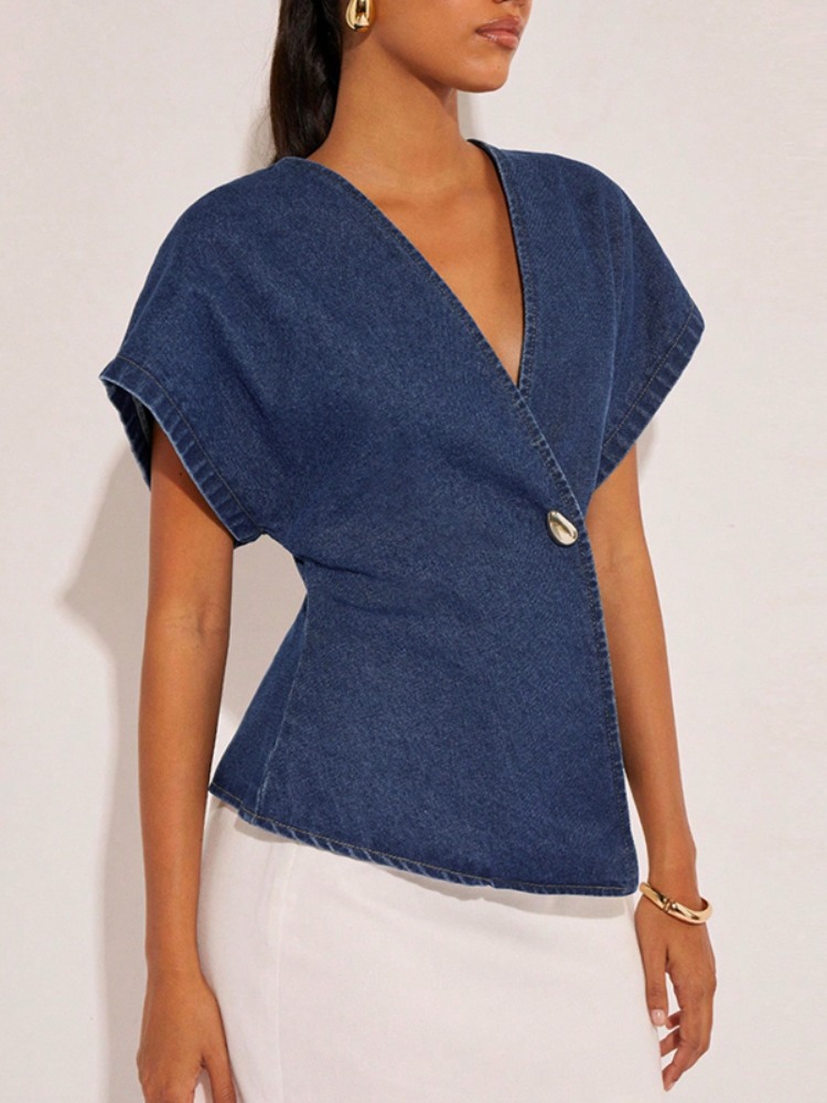 2026Women Dark Blue Denim Blou - مراجعة Summer Clothing Wraps وسعره