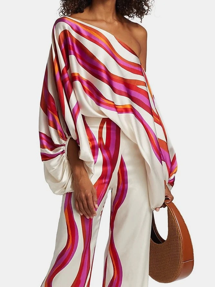 Women's Printed Satin 2-piece  - مراجعة Off Shoulder Blouse وسعره